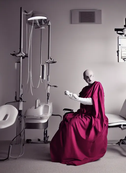 Image similar to medium shot, photo of a beautiful bald 4 0 year old woman hospital patient sitting in a hospital room, wearing a hospital gown, with an iv drip, hopeful. studio lighting, 3 5 mm, marketing photo by charlie waite, max rive, caroline foster.