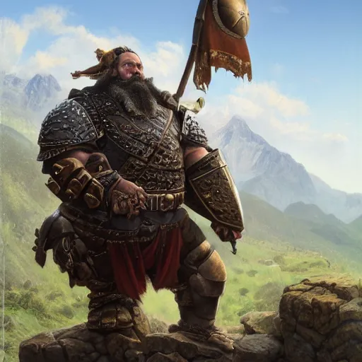 Prompt: Portrait of a heavily armored bulky fantasy dwarf with a braided beard holding a metal shield, mountains in the background, 4k oil on linen by andrei riabovitchev, nuri iyem, james gurney, james jean, greg rutkowski, highly detailed, soft lighting 8k resolution