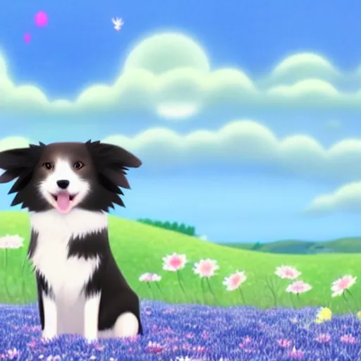 Prompt: a sweet border collie pokemon in a beautiful landscape. chiho aoshima. very cute. friendly. beautiful. digital render.