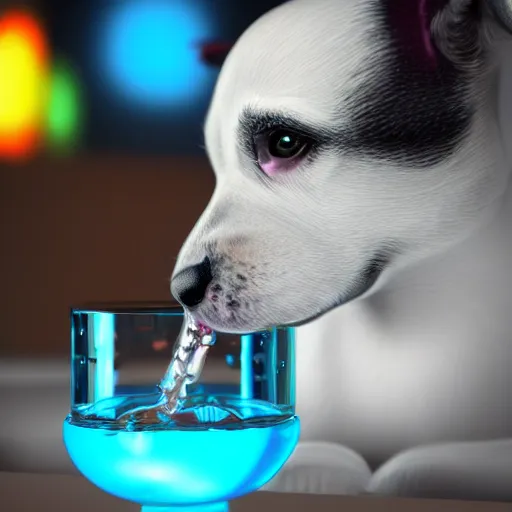 Image similar to cute puppy drinking juice, masterpiece, colorful ambient lighting, smooth shading, 8k, cinematic lighting, highly detailed, digital painting, artstation, smooth, sharp focus, illustration, digital illustration, by Pixar