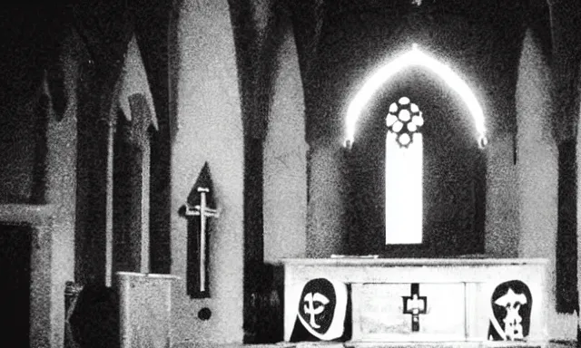 Image similar to a cultist ceremony, cultists with robes and masks, church interior, satanic church interior, the fog. horror lighting, found footage