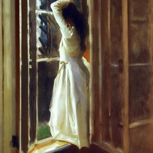 Image similar to a woman standing in front of a window, looking out at the rain, painting by John Singer Sargent