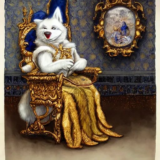 Image similar to hyper realistic painting of a werewolf with gold and white fur, anthropomorphic royalty standing in a throne room, non human, dressed in a 1800s royal outfit, traditional art, very fine detail and texture, royal workshop, in the art style of beatrix potter, Willem Wissing, watercolor, colored pencil, ink, oil, acrylic, early morning lighting