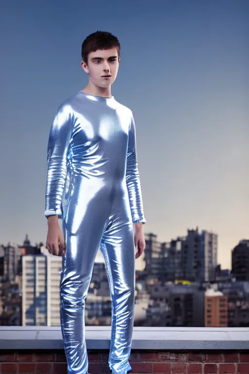 Image similar to un ultra high definition studio quality photographic art portrait of a young man standing on the rooftop of a british apartment building wearing soft baggy inflatable padded silver iridescent pearlescent clothing. three point light. extremely detailed. golden ratio, ray tracing, volumetric light, shallow depth of field. set dressed.