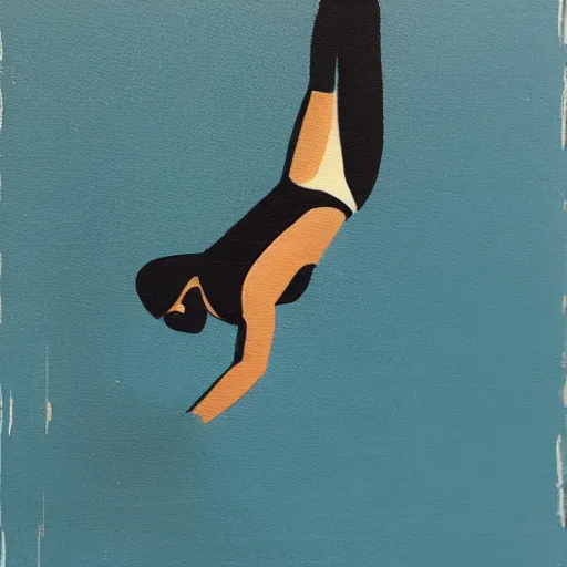 Prompt: acrylic painting on wood of a woman wearing a swimming cap diving from a high diving board into a pool. the pool is out of frame. teal, white, black and grayscale. simple. flat. vintage, mid - century modern. mid - drive, in the air, fully body