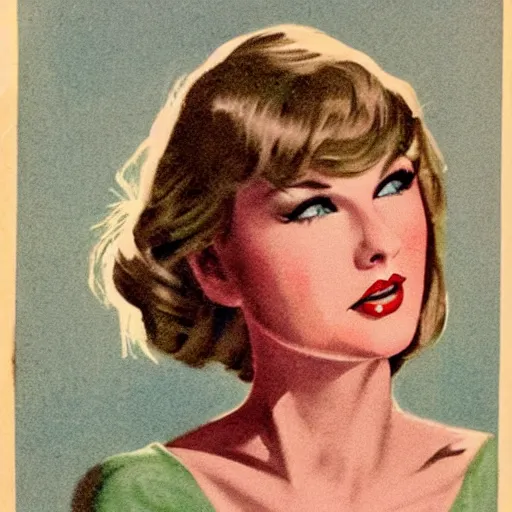 Image similar to “Taylor Swift portrait, color vintage magazine illustration 1950”