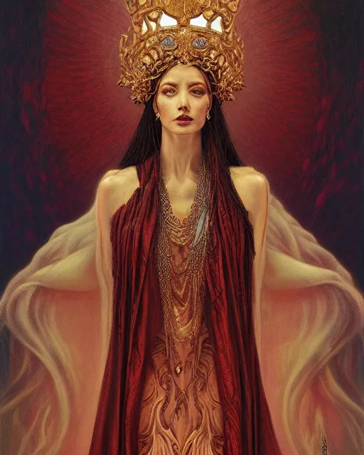 Image similar to full view Symbolic portrait of an ethereal Queen in a crown of sorrow wearing a ornate dress sitting on a throne by Gerald Brom and Jean Delville, detailed and realistic, featured on Artstation, soft lighting, behance