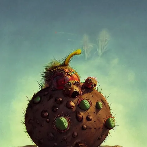 Image similar to ball creature covered with eyes, in the desert next to a cactus, d & d, fantasy, greg rutkowski, frank frazetta, alexandre chaudret, boris vallejo, michael whelan, miro petrov, hr giger, magali villeneuve, donato giancola