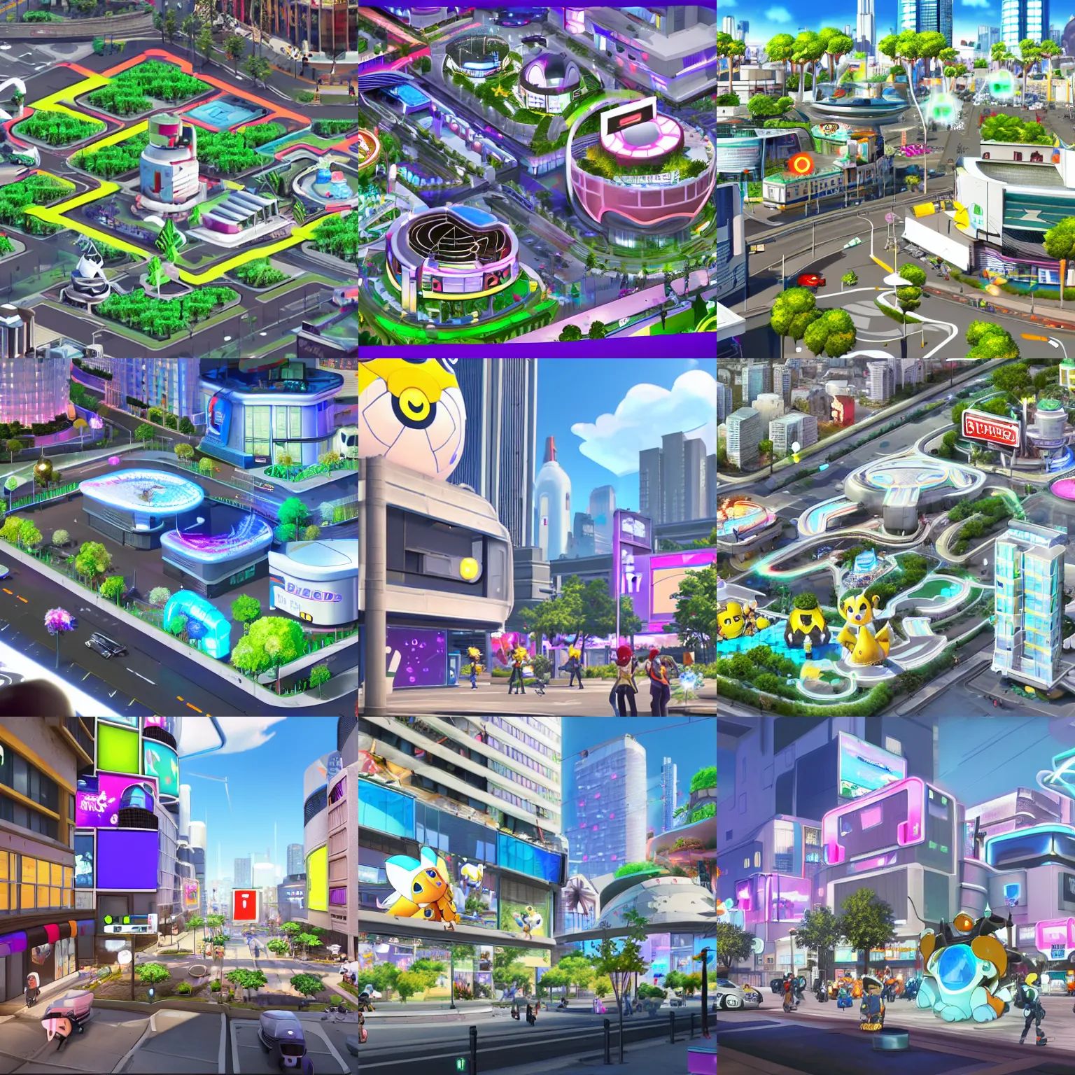 Prompt: a future urban city, white buildings + colorful decorative + led billboards + brand logo, cute future vehicles, game center, central fountain, cute pokemon walking on the street, cute scene, dokev, ratchet & clank, overwatch, splatoon 3