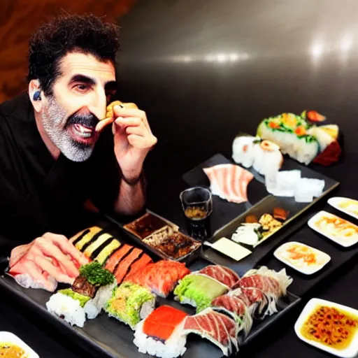 Prompt: serj tankian eating copious amounts of sushi t