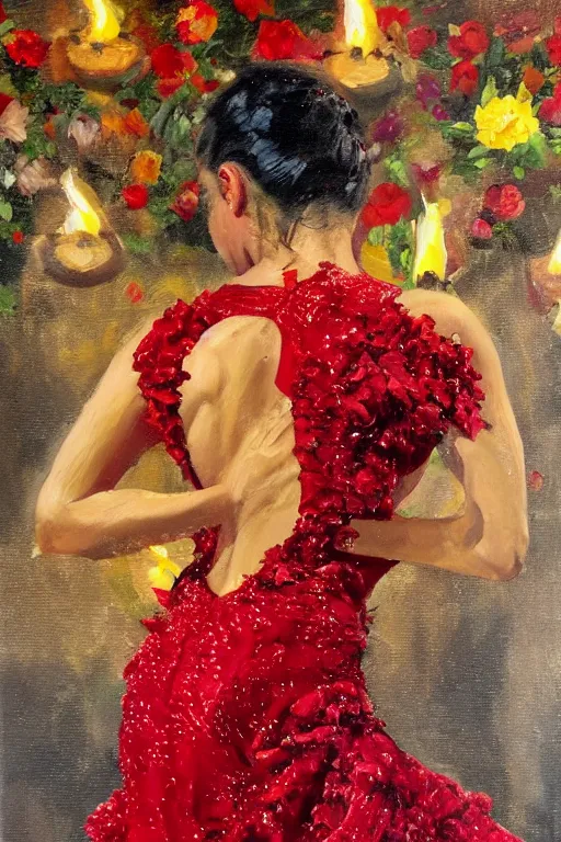 Image similar to vintage detailed oil painting of spanish flamenco dancer in mallorca wearing a red dress made of flowers, dress on fire, dimly lit by candles on the ground, looking away, dark shadows, photo realistic, extreme detail skin, no filter, slr, 4 k, high definition