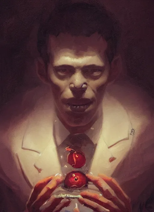 Image similar to highly detailed portrait of h p lovecraft eating shushi by greg rutkowski, mike mignola, tom bagshaw artgerm and ross tran, beautiful dramatic dark moody lighting, cinematic atmosphere, glossy magazine painting, global illumination, deep color, 8 k resolution, high details, flickr, dslr, artstation