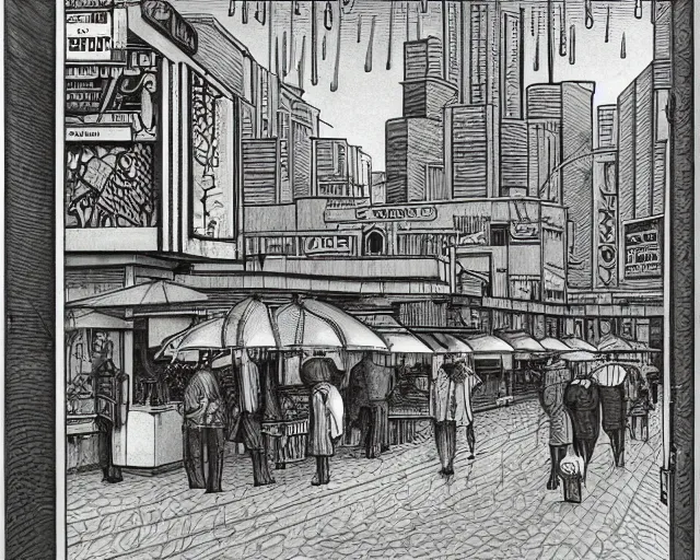 Image similar to street with food stands in a cyberpunk city on a rainy melancholy seattle night in 1 9 9 6 by de chirico