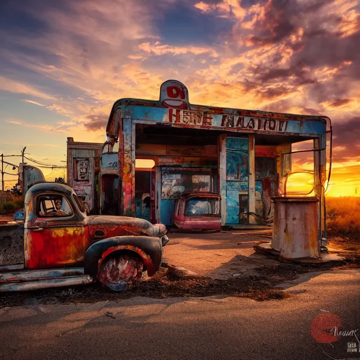 Image similar to a sunset light landscape with historical route 6 6, lots of sparkling details and sun ray ’ s, blinding backlight, smoke, volumetric lighting, colorful, octane, 3 5 mm, abandoned gas station, old rusty pickup - truck, beautiful epic colored reflections, very colorful heavenly, softlight