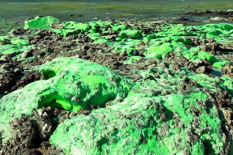 Prompt: glowing green rocks, toxic sludge, like where the hulk would live, landscape