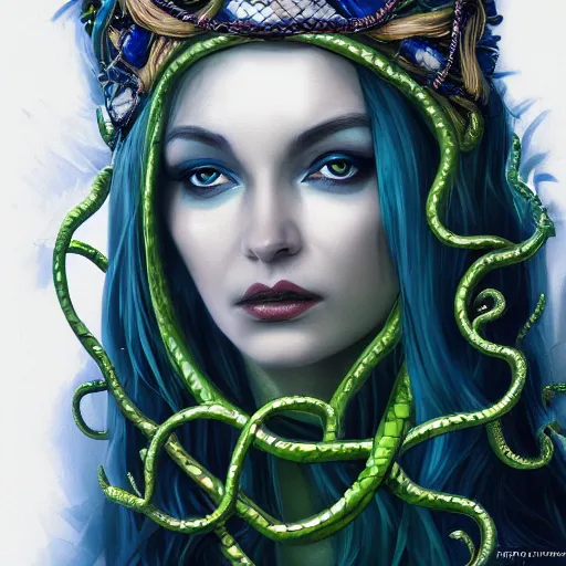 Image similar to detailed portrait of the queen of snakes, realism, pale blue, emerald, sapphire, wearing a crown of vines, nest of vipers, dark fantasy, dim moonlight, dramatic lighting, cgsociety, artstation