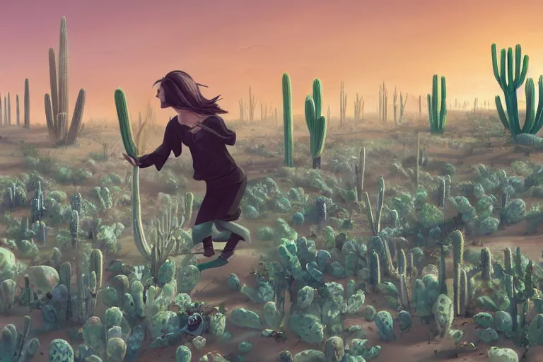 Image similar to a photo of a dystopian desert with loots of Cacti, sandy colours, sandy green, sandy, sandy beige, sobbing sad black silhouette of a person!, cantered, by Cyril Rolando!!!!!!, trending on DeviantArt, desolated, dark, 8k resolution, rendered in Zbrush