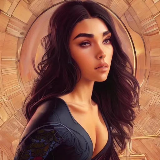 Prompt: portrait of madison beer wearing a skintight suit, intricate, elegant, highly detailed, digital painting, artstation, concept art, smooth, sharp focus, illustration, art by artgerm and greg rutkowski and alphonse mucha, 8 k