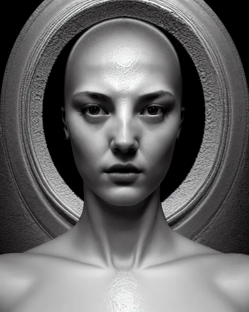 Image similar to dreamy, monochrome, subsurface scattering, white, cyborg goddess in cosmos, black and white, octane render, dino valls, virgil finlay, mark ryden, highly detailed, rim light, art, cinematic lighting, very coherent, hyper realism, 8 k