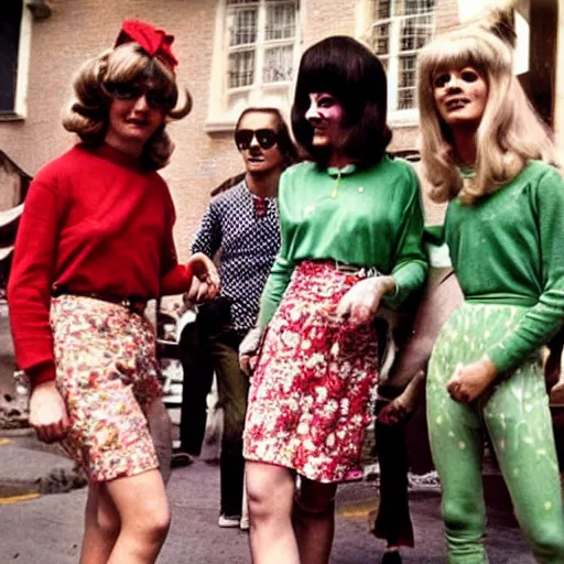 Prompt: 1 9 6 0 s photograph of a group of mixed gender hippies wearing peppermint themed outfits