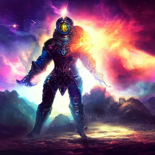 Image similar to photorealistic fantasy cosmic concept art of a cosmic god with armor made out of planets and dark matter, hovering in a unknown galaxy, fully body portrait, cinematic, dynamic lighting, ultra detailed, creative, trending on art station, stunning visuals, creative