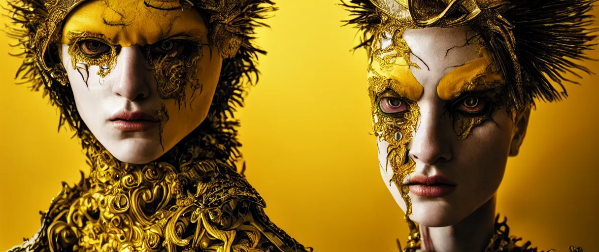 Image similar to hyperrealist highly detailed neo-baroque portrait of high fashion warrior concept art pascal blanche dramatic yellow lighting 8k wide angle shallow depth of field