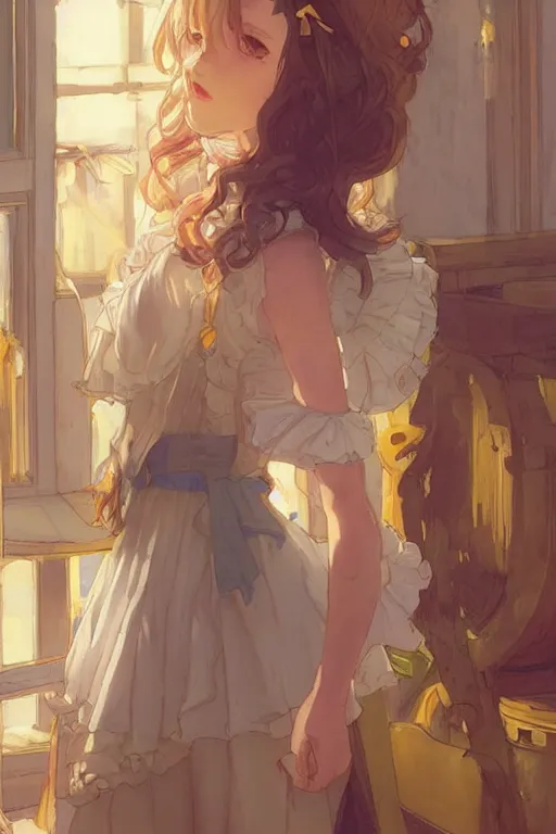 Prompt: A girl in a maid's outfit in a cafe a afternoon, wavy hair yellow theme,S line,45 angel by krenz cushart and mucha and arknights and greg rutkowski