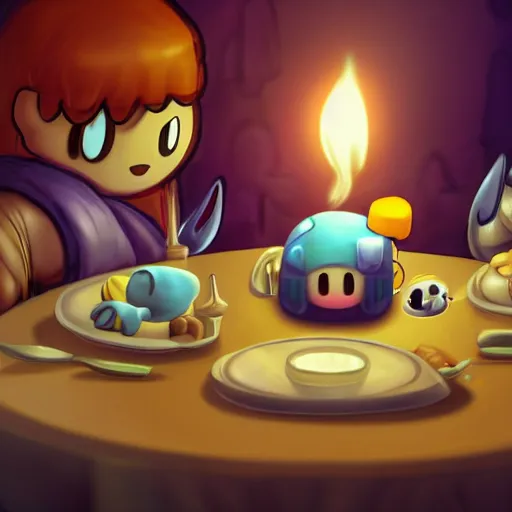 Image similar to kirby at dinner table with companion cube from portal, romantic, candlelight, realistic, source engine