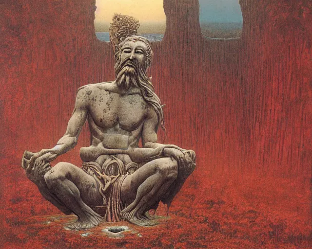 Prompt: titanic ancient god statue bending over a pagan japanese garden by beksinski