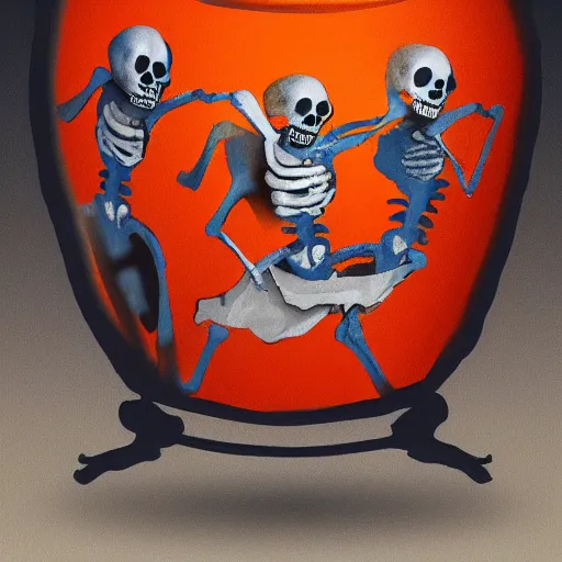 Image similar to skeletons running painted on a roman jar, abstract, orange theme, 8k resolution, sodium light