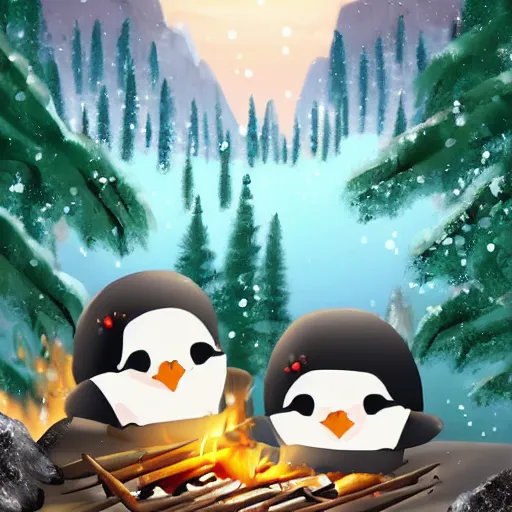 Image similar to two happy cute chibi penguins sitting around a campfire near a cave entrance to a mountain, there is a forest of trees in the background and a small frozen lake in the distance, trending on artstation, 3d digital artwork, cinematic lighting, 4K, very full detail, vector, amazing artwork, trending on Behance award-winning art, kawaii