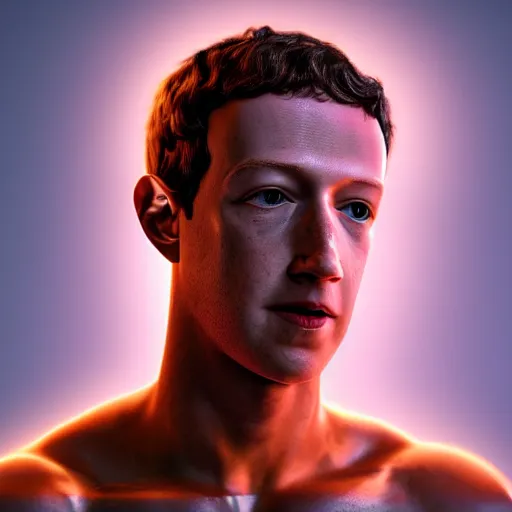 Prompt: professional photograph of very hot and muscular mark zuckerberg, gleaming skin, glowing, sparkling, hyper realistic, digital painting, rendered in unreal 5, octane render, artstation, ambient lighting