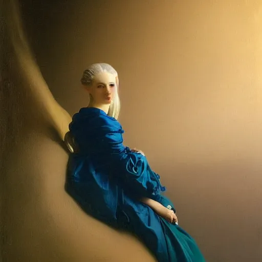 Image similar to young woman's face, her hair is white and she wears a cobalt blue duchesse satin cloak, by ivan aivazovsky and syd mead and moebius and roger dean and aelbert cuyp and willem claesz and pieter claesz and paul delaroche and alma tadema, hyperrealistic, volumetric light, octane