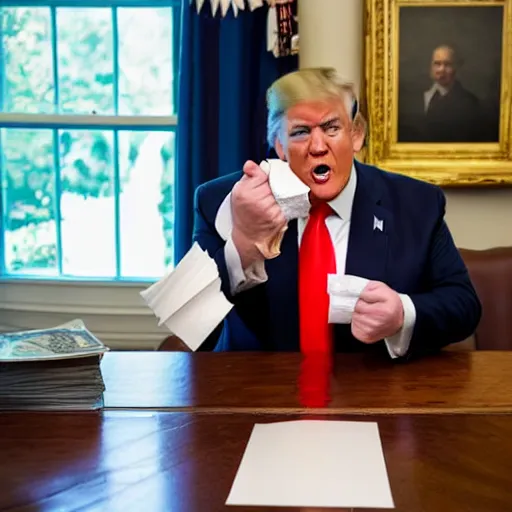 Image similar to candid portrait photo of president trump shoving a wad of paper into his mouth, eating stacks of paper, detailed portrait, 4 k, megapixel, sony a 7 s, f / 8, 2 4 mm lens, ap photo