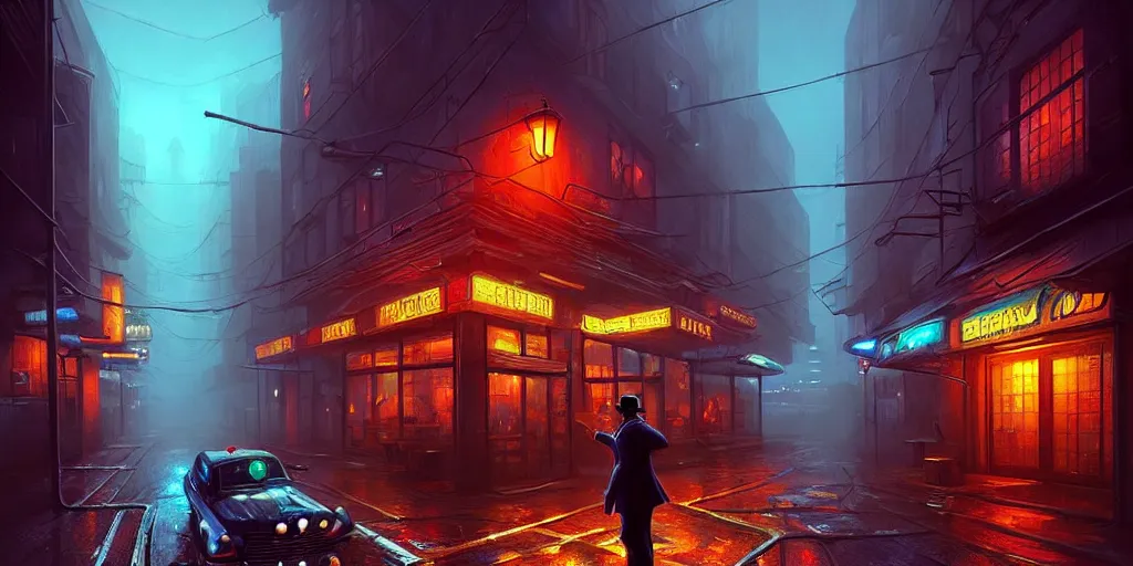 Prompt: A mafia boss in a cyberpunk setting, by Evgeny Lushpin, dramatic lighting, high contrast colours, as trending on Artstation, highly detailed,