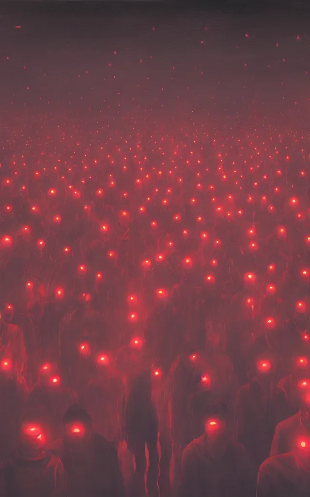 Image similar to a group of people with red lights instead of faces, in a dark room, an ultrafine detailed painting by victor mosquera, les automatistes, reimagined by industrial light and magic, redshift