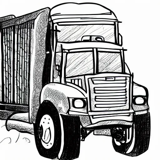 Prompt: Portrait of a well-drawn truck, children\'s style drawing, linear illustration, LineArt, Vectorial Svg, Black and White.