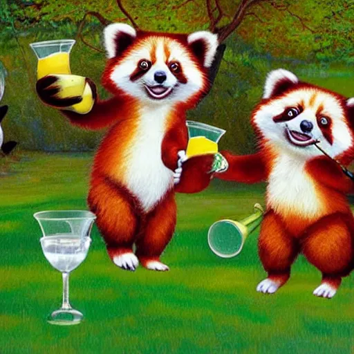 Image similar to very cute friendly happy high energy red pandas at a fancy garden party playing croquet and drinking lemonade, artwork by mark brooks and Asher Brown Durand, grand master, cinematic