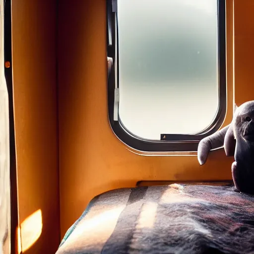 Image similar to bonobo inside of a train compartment room sitting on bed, rainy window, night, soft lighting