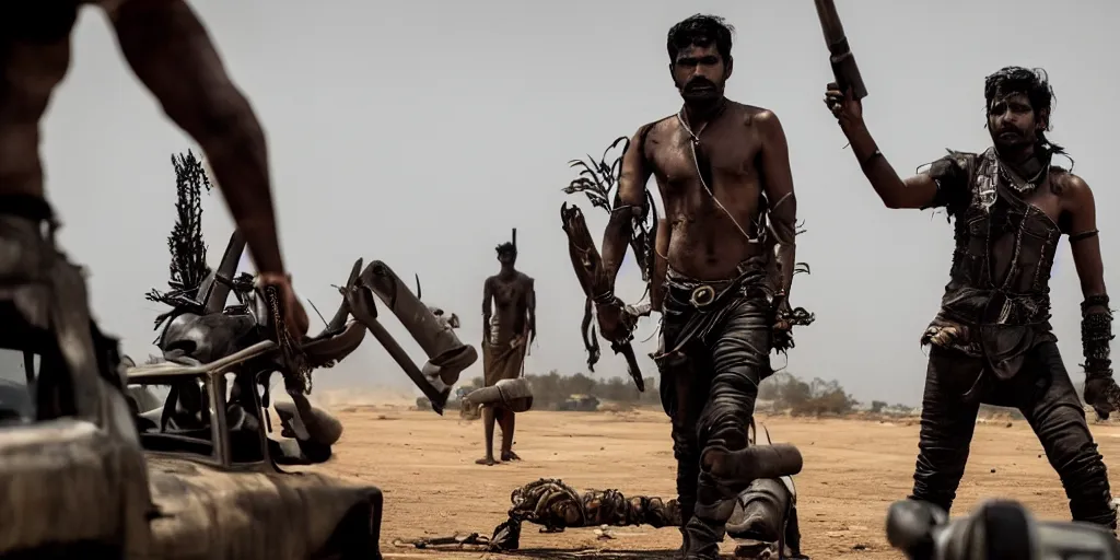Prompt: sri lankan mad max style, city, film still, epic shot cinematography, rule of thirds