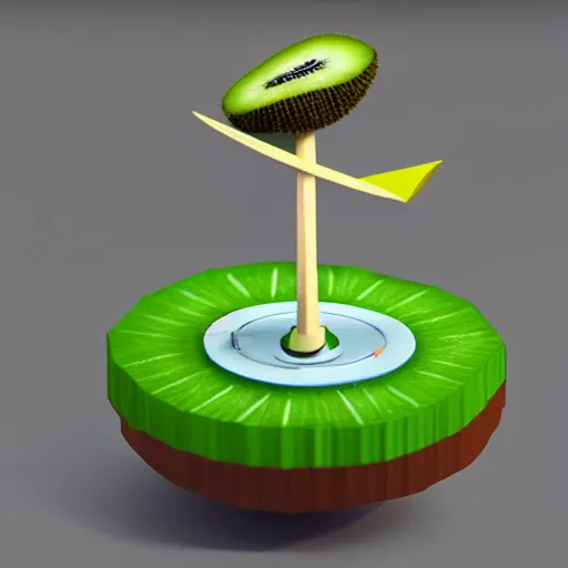 Image similar to a funny turntable with a needle on top of kiwi slice, a low poly render by tim biskup, featured on polycount, computer art, sketchfab, rendered in maya, voxel art