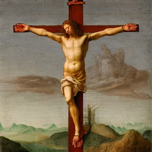 Prompt: Mark zuckerberg on the cross, painting by Leonardo da Vinci