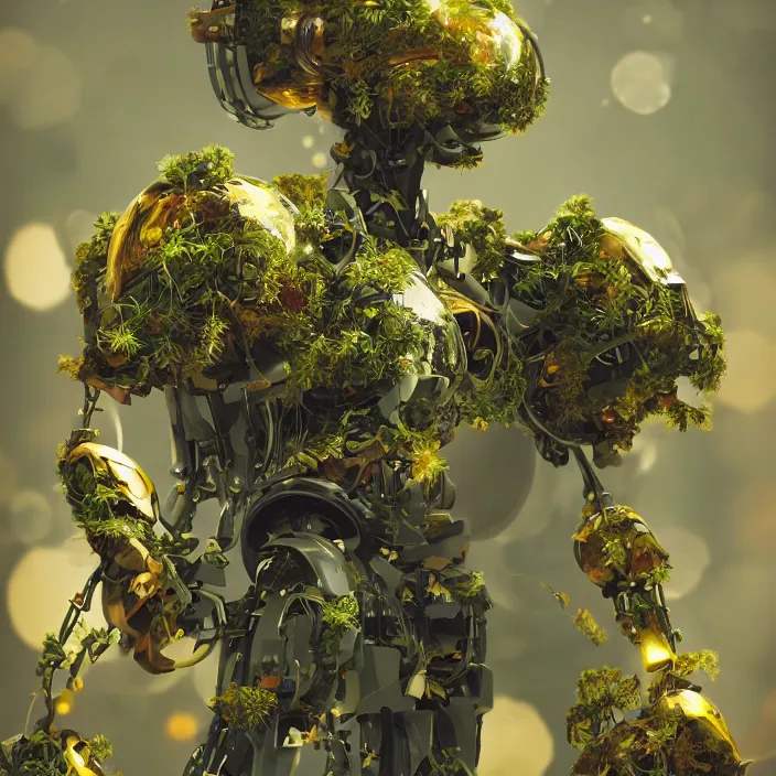 Image similar to overgrown foliage taking over an abandoned robot body, close - up, 3 5 mm, biopunk, bokeh, beautiful, lens flare, emotional, sweet, flowers, detailed, picture, trending on artstation, award - winning, shiny, golden