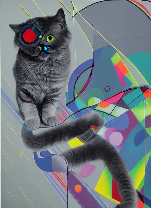 Image similar to futuristic lasers tracing, laser cat, selkirk rex longhair, by steven meisel, kaws, rolf armstrong, mondrian, kandinsky, perfect geometry abstract acrylic, octane hyperrealism photorealistic airbrush collage painting, dark monochrome, fluorescent colors, minimalist rule of thirds, eighties eros