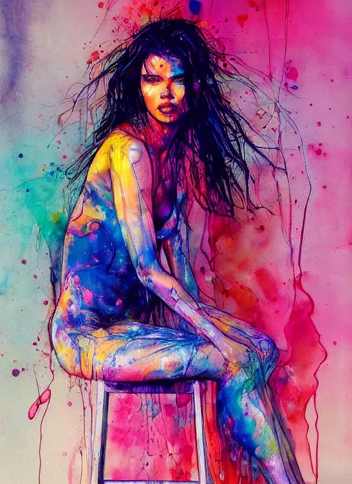 Image similar to adriana lima by agnes cecile and enki bilal, sitting on a stool, bent over posture, full body portrait, extremely luminous bright design, pastel colours, drips, autumn lights