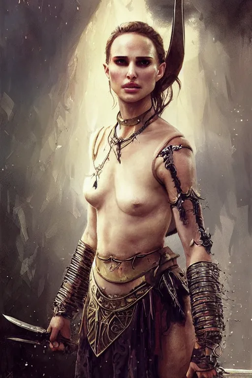 Image similar to natalie portman, legendary warrior, heroic, lord of the rings, tattoos, decorative ornaments, battle armor, by carl spitzweg, ismail inceoglu, vdragan bibin, hans thoma, greg rutkowski, alexandros pyromallis, perfect face, fine details, realistic shading photorealism