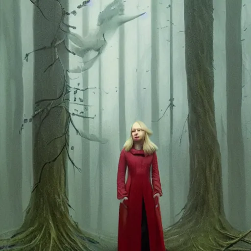 Prompt: Elle Fanning in the cultist woods in the world of Adam Wyeth, head and shoulders, stormy weather, extremely detailed masterpiece, oil on canvas, low-key neon lighting, artstation, Blade Runner 2049, Roger Deakin’s cinematography, by J. C. Leyendecker and Peter Paul Rubens and Edward Hopper and Michael Sowa,