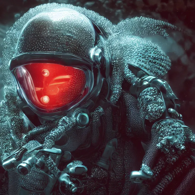 Image similar to octane render portrait by wayne barlow and carlo crivelli and glenn fabry, subject is a shiny reflective tactical black ops futuristic scuba diver with small lights inside helmet, surrounded by bubbles inside an exotic alien coral reef aquarium full of exotic fish, cinema 4 d, ray traced lighting, very short depth of field, bokeh