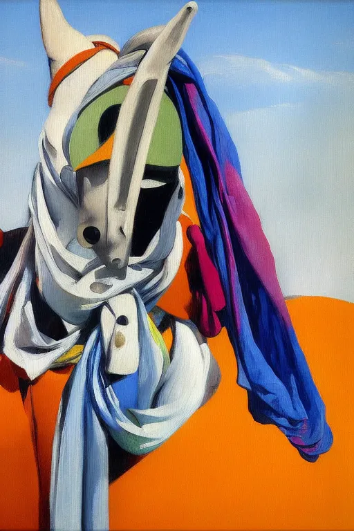 Prompt: scarf in the form of a horse around the neck of an astronaut, highly detailed painting by francis bacon, edward hopper, adrian ghenie, gerhard richter, and james jean soft light 4 k,