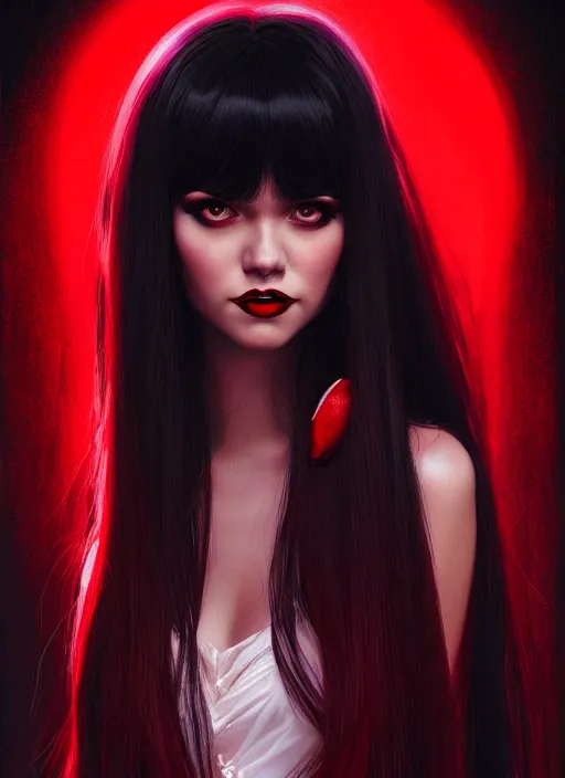 Prompt: portrait of vampire veronica lodge with bangs, vampire, long hair, red clothes, bangs, intricate, elegant, glowing lights, highly detailed, digital painting, artstation, concept art, smooth, sharp focus, illustration, art by wlop, mars ravelo and greg rutkowski